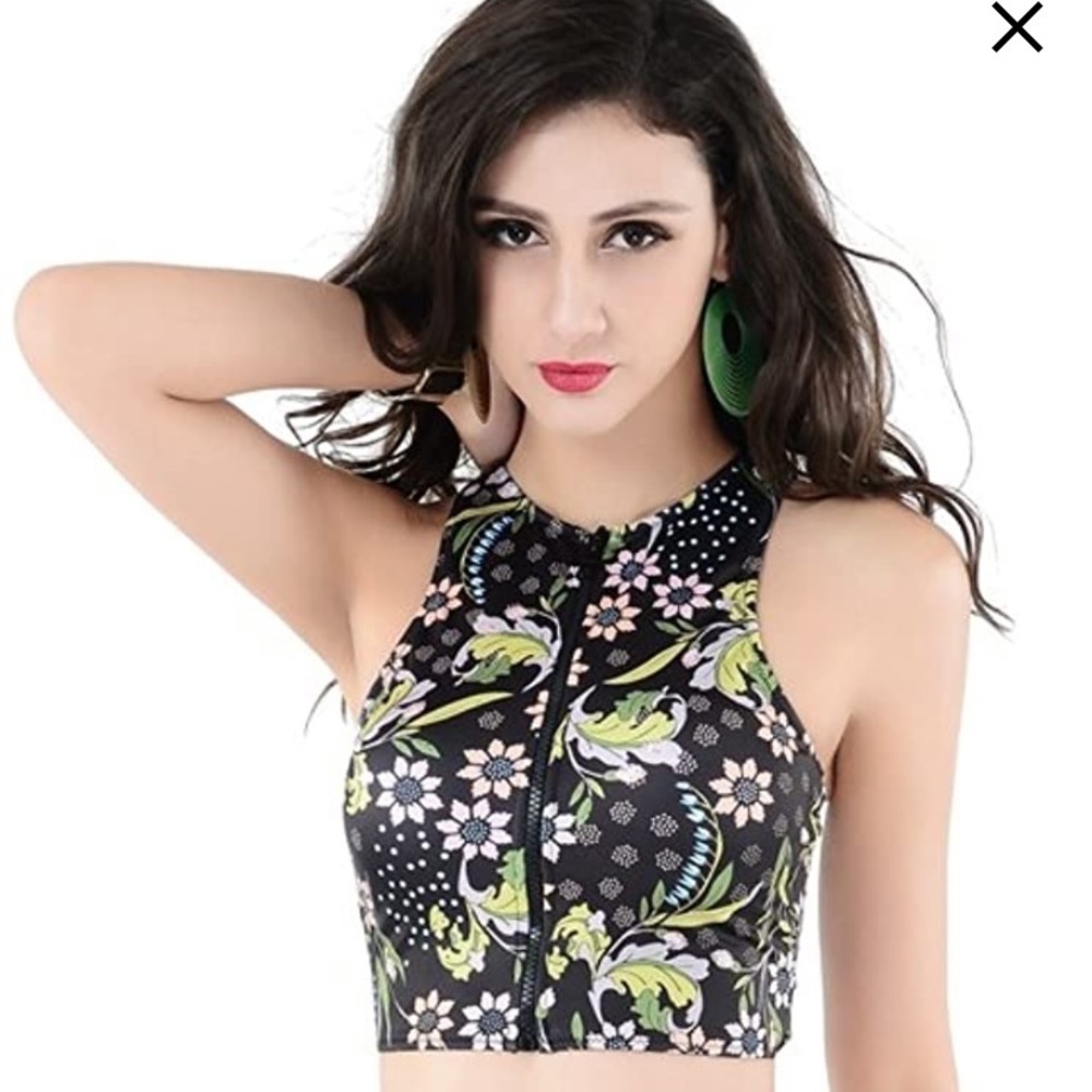 Floral Zipper High Neck Bikini  Swimsuit Top